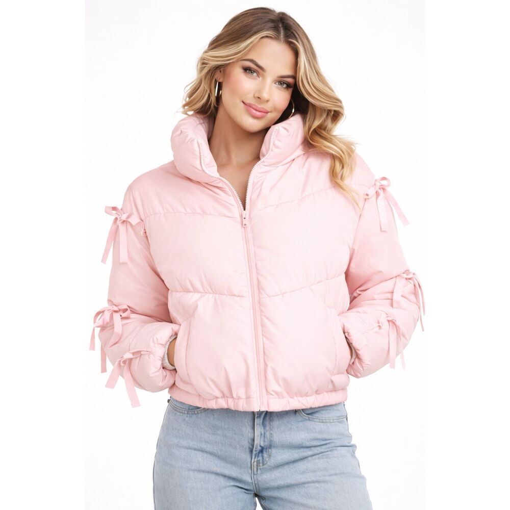 Madden Girl Cropped Pink Puffer Jacket Tie Sleeve Bow Detail Large